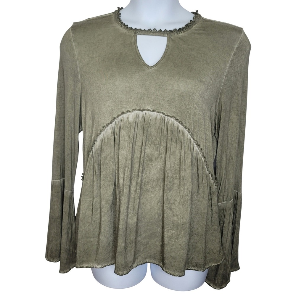 Knox Rose Peasant Top Women L Olive Green Bell Sleeve Boho Chic  Blouse Romantic